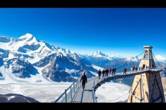Séta a Titlis-gleccser függőhídján, lélegzetelállító alpesi kilátással.