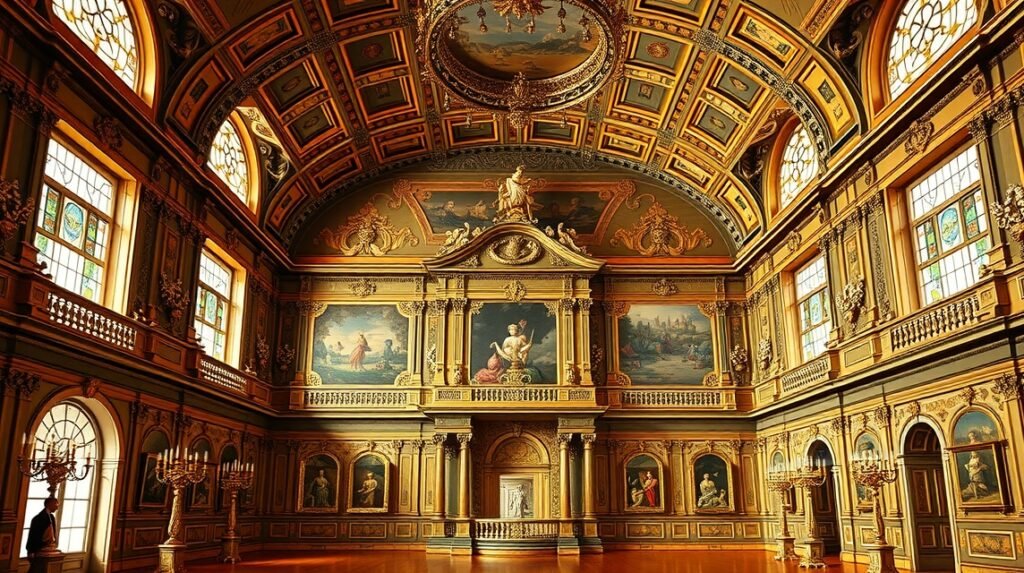 A müncheni Residenz gyönyörű, aranyozott terme barokk stílusban.