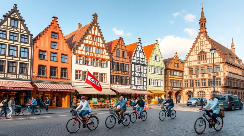 Kerékpárosok a Prinzipalmarkt történelmi épületei között Münsterben.