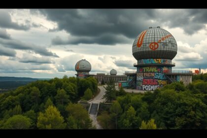 Teufelsberg Berlin elhagyatott kémállomás színes graffitivel