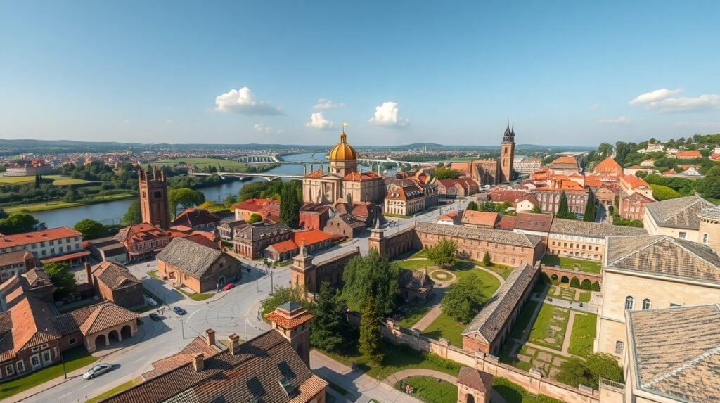 Xanten Régészeti Park, a római város panorámája a Rajna mentén.