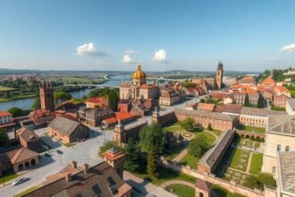 Xanten Régészeti Park, a római város panorámája a Rajna mentén.