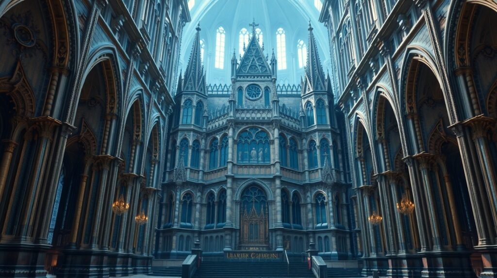 Aacheni dóm belső része, Nagy Károly trónjával és magyar kápolnával.