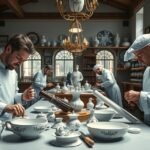 Mesterek a Meisseni porcelán manufaktúrában, történelmi kézműves munkával.