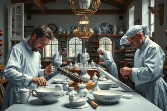 Mesterek a Meisseni porcelán manufaktúrában, történelmi kézműves munkával.