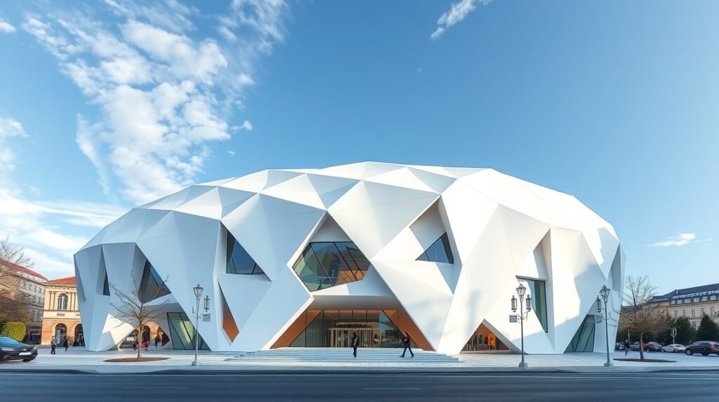 A Stuttgart Városi Könyvtár futurisztikus hófehér épülete.