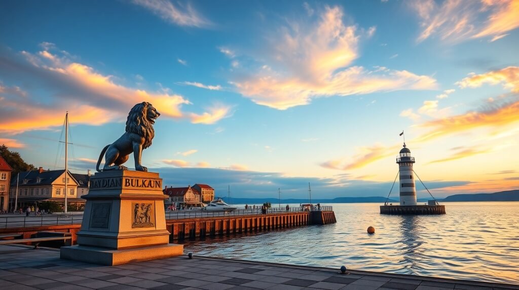 Lindaui kikötő, bajor oroszlán és világítótorony a Bódeni-tónál