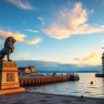 Lindaui kikötő, bajor oroszlán és világítótorony a Bódeni-tónál