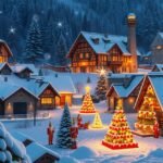 Seiffen hóval borított falu karácsonyi világításban