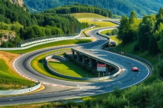 A Nürburgring híres kanyarjai és zöld tájai autósportolók számára.