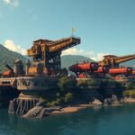 Ferropolis óriásbányagépei a vízparton, ipari tájban.