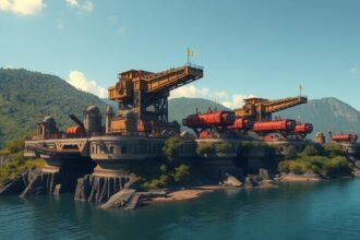 Ferropolis óriásbányagépei a vízparton, ipari tájban.