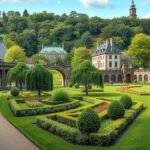 Bad Muskau angolkertének látképe a történelmi épületekkel