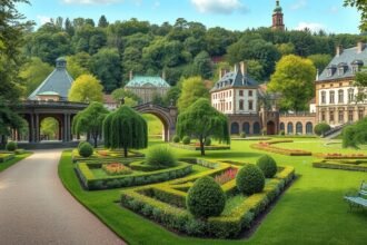 Bad Muskau angolkertének látképe a történelmi épületekkel