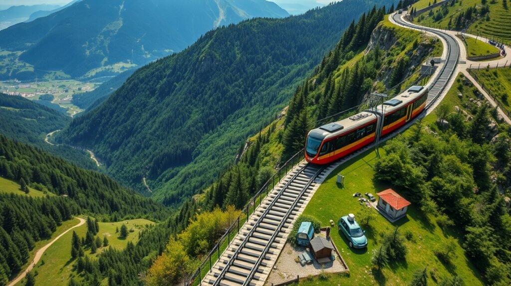 Sikló a hegyekben, lélegzetelállító alpesi panorámával Stoos közelében.