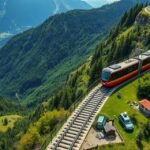 Sikló a hegyekben, lélegzetelállító alpesi panorámával Stoos közelében.