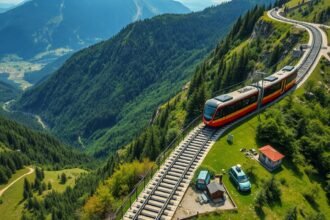 Sikló a hegyekben, lélegzetelállító alpesi panorámával Stoos közelében.