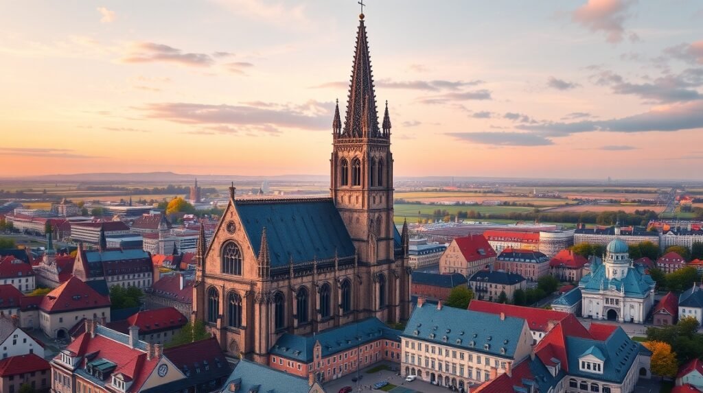 Ulm-i dóm templomtorony és város panorámája naplementében