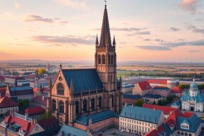 Ulm-i dóm templomtorony és város panorámája naplementében