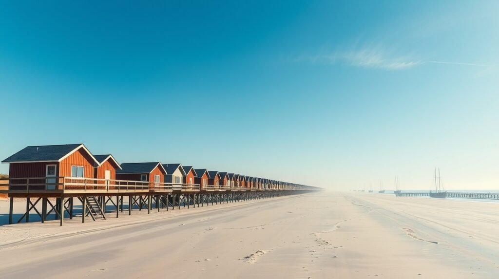 Cölöpházak a homokos tengerparton St. Peter-Ordingban
