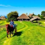 Lovaskocsival közlekedő ember Hiddensee szigetén, német tengerparti tájban