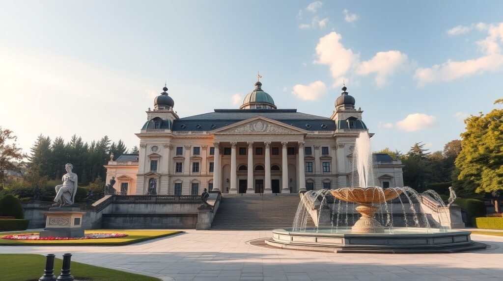 Bayreuth Eremitage parkja és operaháza gyönyörű látképe.