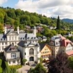 Bad Ems városának panorámaképe a gyógyfürdők között Németországban.