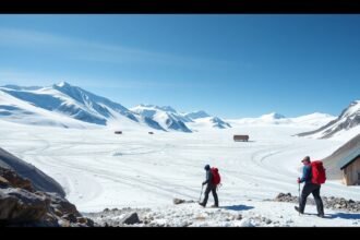 Túrázók az Aletsch-gleccser jégfolyama mellett az Alpokban.
