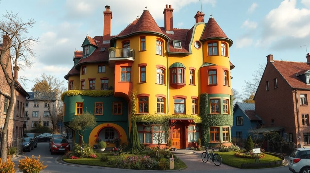 Hundertwasser-ház Magdeburgban, színes, organikus építészet.