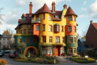 Hundertwasser-ház Magdeburgban, színes, organikus építészet.