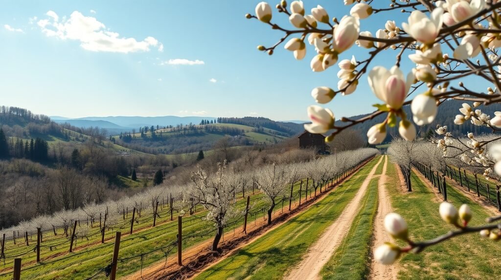 Pfalzi borút mandulavirágzása és szőlőhegyek