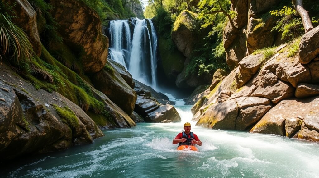 Canyoning a Starzlachklamm vízesés körül, Allgäu-ban, Németországban.