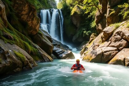 Canyoning a Starzlachklamm vízesés körül, Allgäu-ban, Németországban.