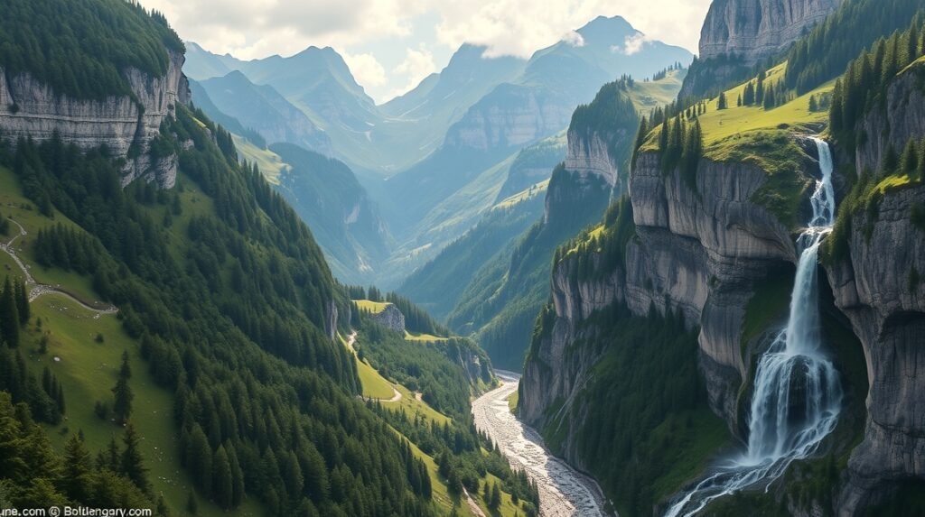 Lauterbrunnen völgye Svájcban, gyönyörű vízesésekkel és hegyekkel