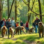 Berber majmok sétálnak emberek között a természetben.