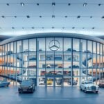 Mercedes-Benz Múzeum belső tér, ikonikus autók kiállítása Stuttgartban