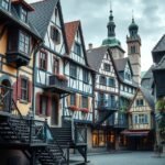 Mesebeli sikátorok és lépcsők Marburg városában, Németországban