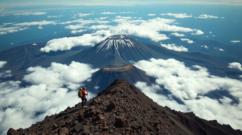 Turista a Teide vulkán csúcsán a felhők felett