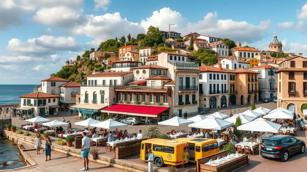 San Sebastián városának éttermek és a tengerpart látképe