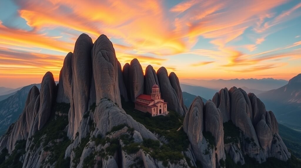 A Montserrat fűrészes hegye és a Fekete Madonna kolostora naplementében.