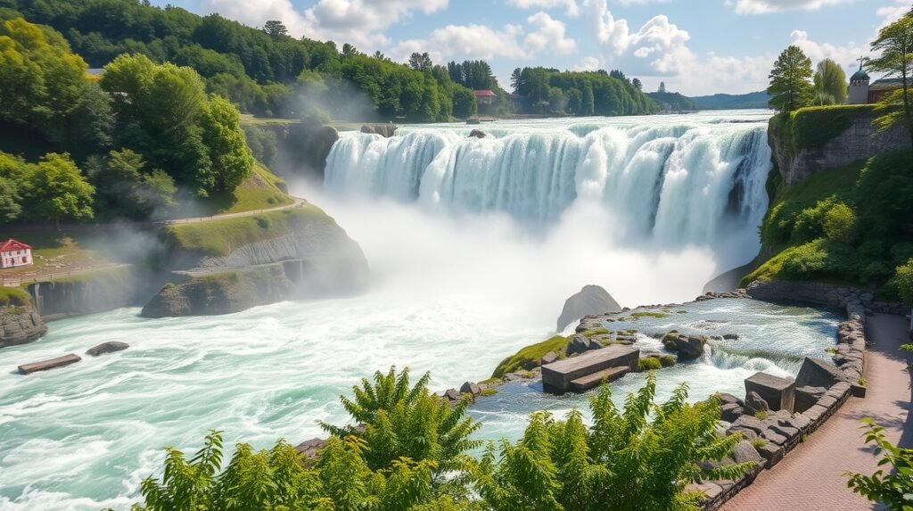 A Rheinfall vízesés lenyűgöző látványa, Svájcban.