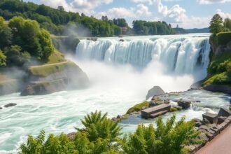 A Rheinfall vízesés lenyűgöző látványa, Svájcban.