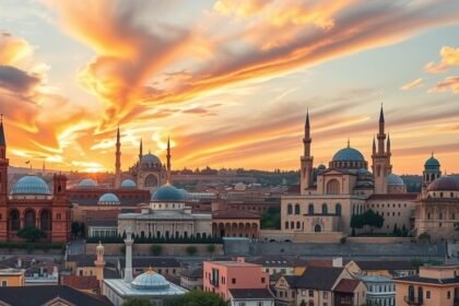 Toledo történelmi épületei naplementében, zsinagógák és mecsetek