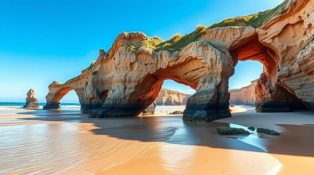 Hatalmas sziklaívek a Playa de las Catedrales tengerpartján Galíciában.