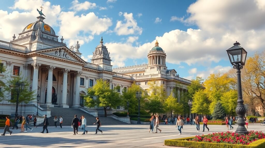 A Prado Múzeum épülete Madridban, gyönyörű zöld környezetben.