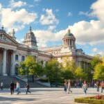 A Prado Múzeum épülete Madridban, gyönyörű zöld környezetben.