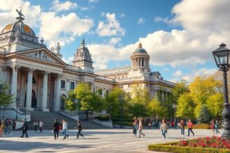 A Prado Múzeum épülete Madridban, gyönyörű zöld környezetben.