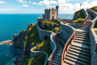 Gaztelugatxe sárkánykő vára Baszkföldön, lépcsősor a tenger felett.