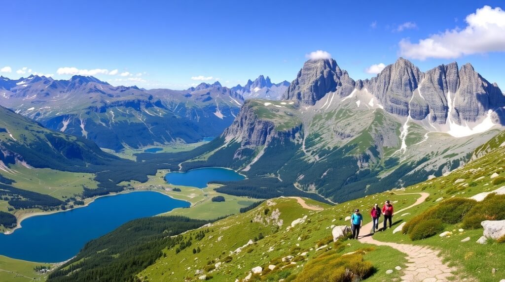 Panorámás kilátás a Picos de Europából a hegyi tavakra és a turistákra
