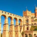 Római vízvezeték és Alcázar kastély Segoviában, Spanyolországban.